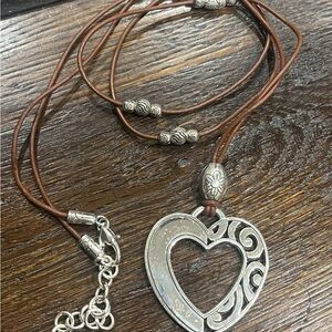 Brighton Barbados Heart Silver & Brown Leather Necklace-20” Long